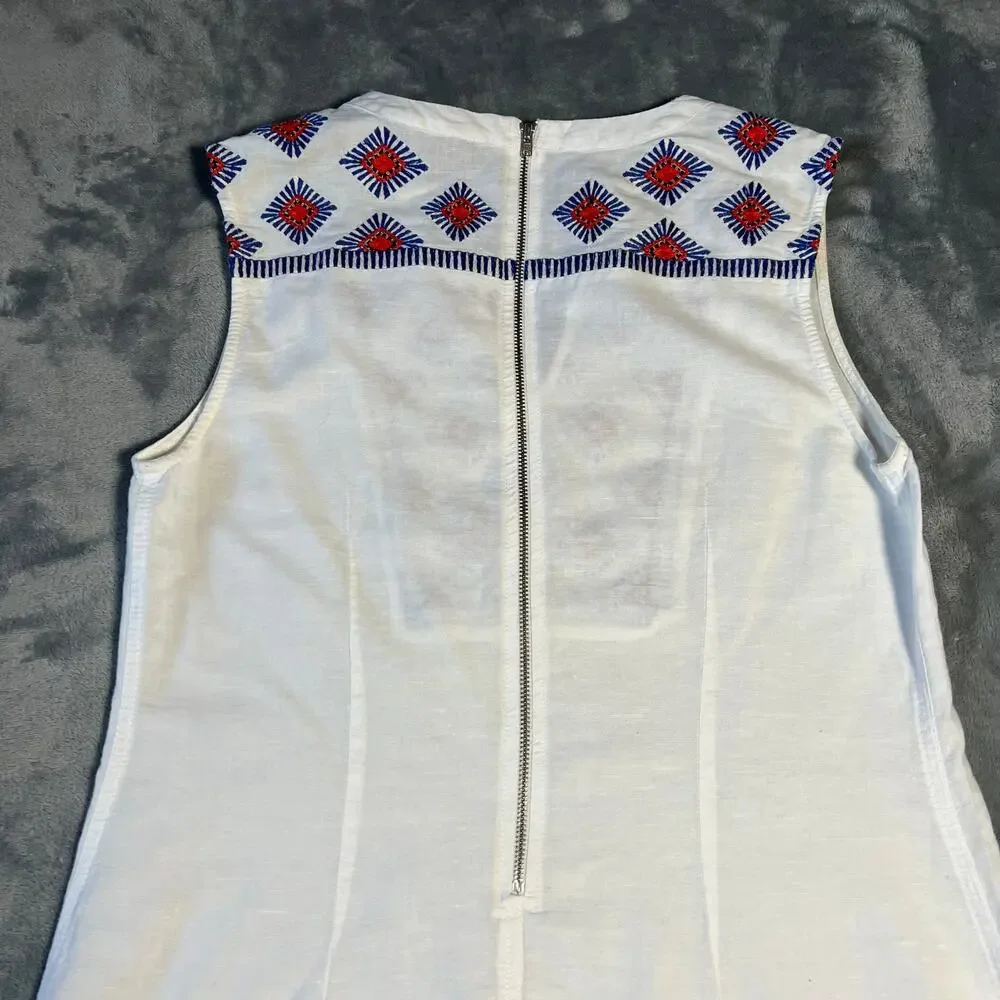 J. Crew Sleeveless V-Neck Embroidered Sunburst Dress Size XS Linen Cotton Boho